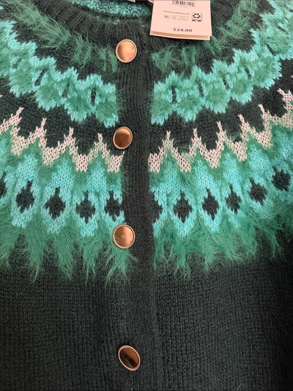 Women's Green Fair Isle Cardigan Sweater - Picture 2 of 4